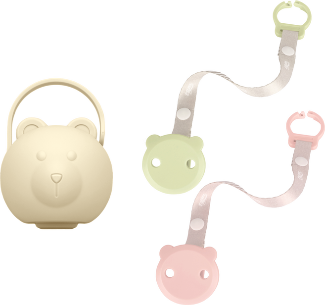 티지엠 곰돌이 노리개 젖꼭지 보관 케이스 + 홀더 2종 + 홀더 케이스 2p 세트, 아이보리(보관케이스), 코랄핑크(홀더), 올리브(홀더, 홀더케이스), 1세트