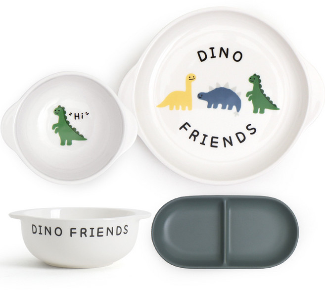 DOHO 다이노프렌즈 유아식기 4종세트, 접시 + 나눔접시 + 핸디볼 S + M, 혼합색상