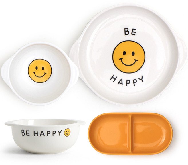 DOHO 해피스마일 유아식기 4종 세트, 접시 + 나눔접시 + 핸디볼 S + M, 혼합색상, 1개