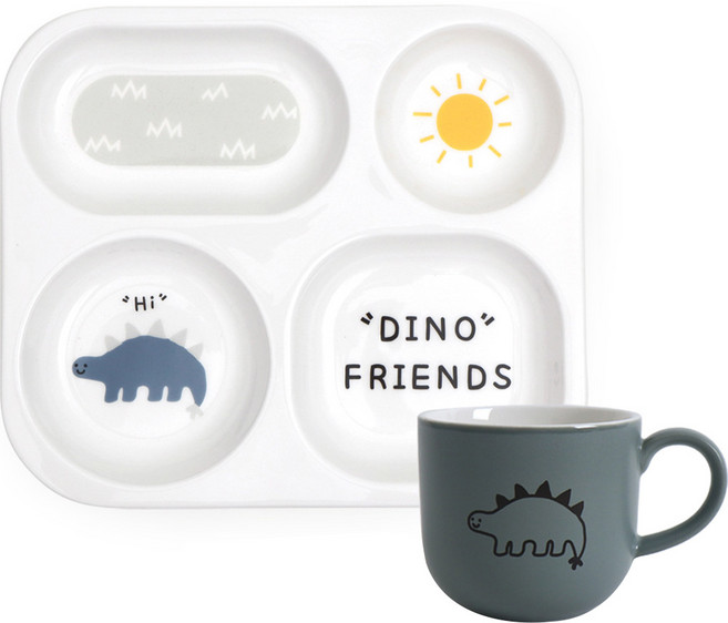 DOHO 다이노프렌즈 유아식판세트 2종 세트, 혼합색상, 트레이 + 머그, 1개