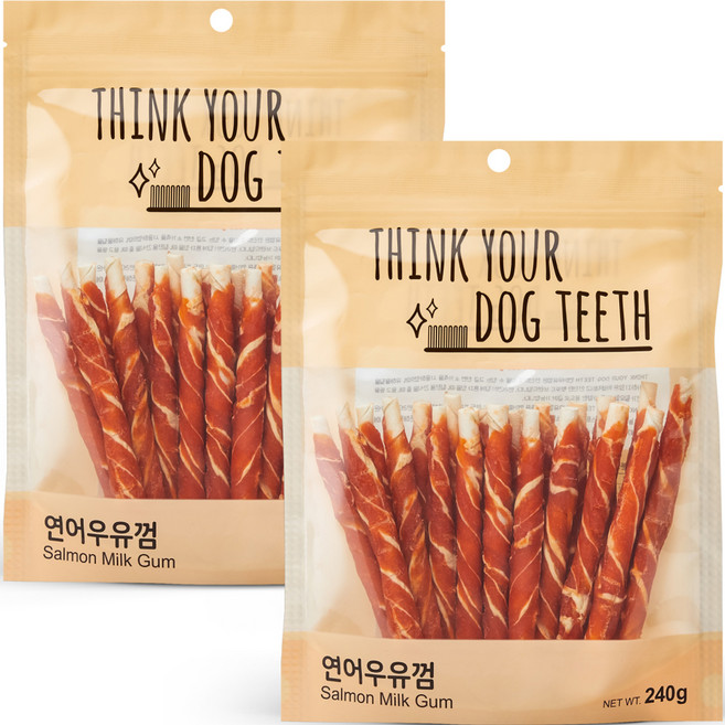띵크유어도그티 강아지 딩고껌 스틱형 20P, 혼합맛(연어/우유), 240g, 2개