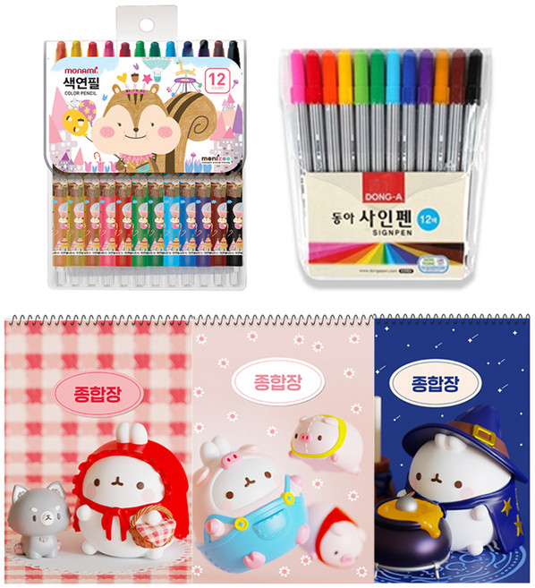 몰랑이 두툼 종합장 랜덤발송 3p + 모나미 모니주 12색 색연필 랜덤발송 + 동아 12색 사인펜, 혼합색상, 1세트