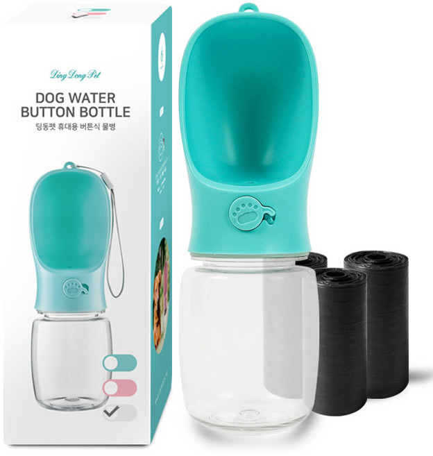 딩동펫 휴대용 버튼식 강아지 물병 + 풉백, 민트, 1세트