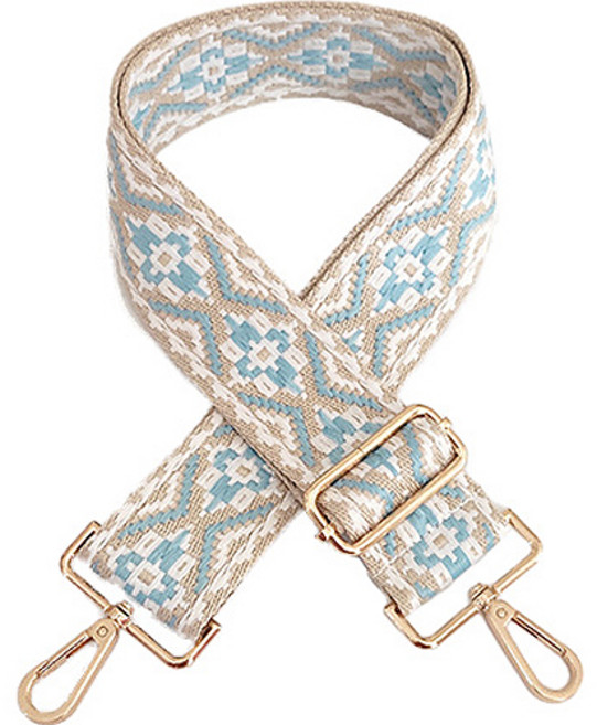 만달릭 자가드 플라워 패턴 길이 조절 숄더 크로스백 DIY 스트랩, 화이트 + 라이트 블루, 1개
