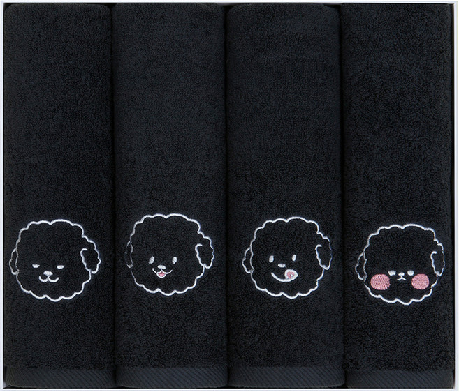 피에르가르뎅 푸들이 자수 세면타월 180g 40수 코마사 4매, 까망이, 1세트