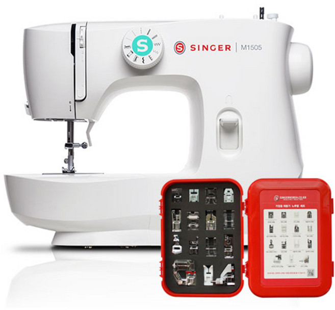 싱거 가정용 10종 패턴 LED 조명 수직가마 미싱 + 노루발 15종 세트, 싱거 M1505, 혼합색상