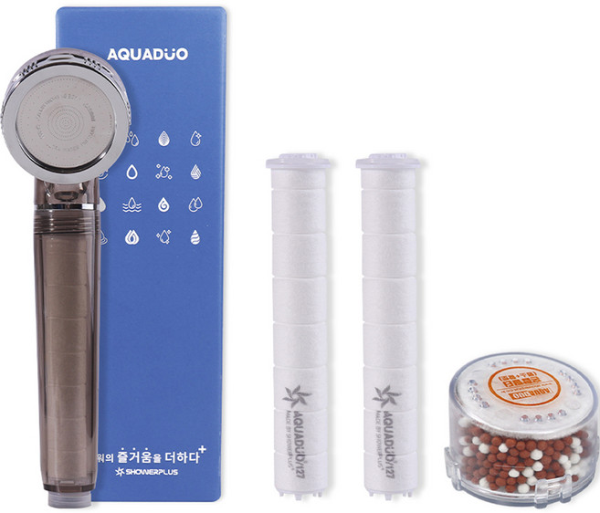 아쿠아듀오 수압상승 샤워 본품 헤드 + 바디필터 2p + 혼합 헤드필터 세트 블랙 SF-300A, 1개
