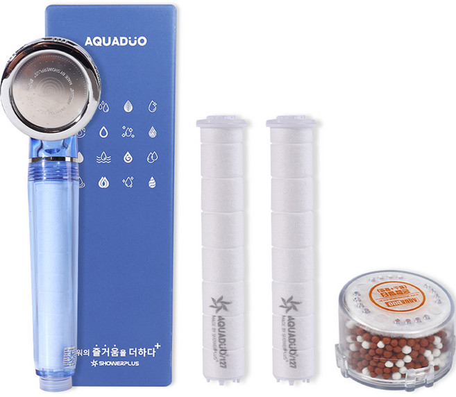 아쿠아듀오 수압상승 샤워 본품 헤드 + 바디필터 2p + 혼합 헤드필터 세트 SF-300A, 1개, 블루
