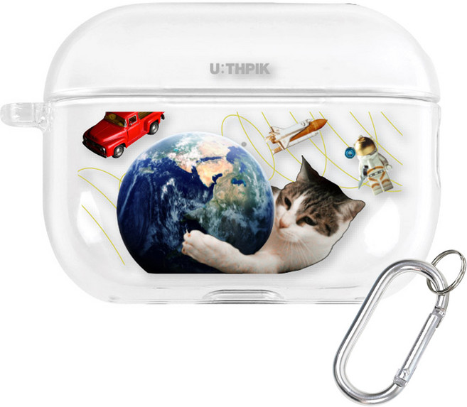 유스픽 에어팟 프로2 일체형 디자인 클리어 하드 케이스 + 카라비너 세트, 빅캣 우주론 39 고양신, 1개
