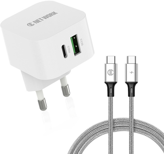 DC NET WORK 25W PD PPS 三星 Galaxy 相容 雙孔方形超高速多功能充電器 + 60w C to C 傳輸線 1.2m, 1套, 白色(充電器), 銀色(傳輸線)
