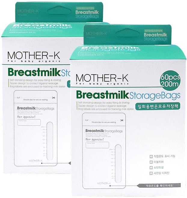 마더케이 일회용 변온 모유 저장팩 200ml, 60매, 2개