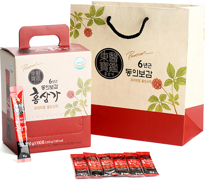 6년근 동의보감 홍삼가 프리미엄 골드스틱 + 쇼핑백, 10g, 1개, 100개