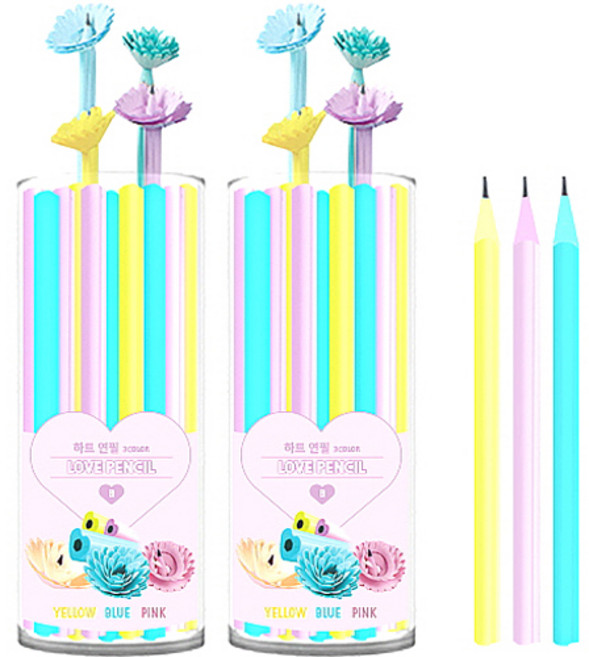 영아트 플라워 연필 B 하트 30p 세트, 핑크 + 블루 + 옐로우, 60개