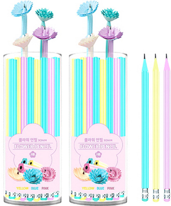 영아트 플라워 연필 HB 30p 세트, 핑크 + 블루 + 옐로우, 2세트