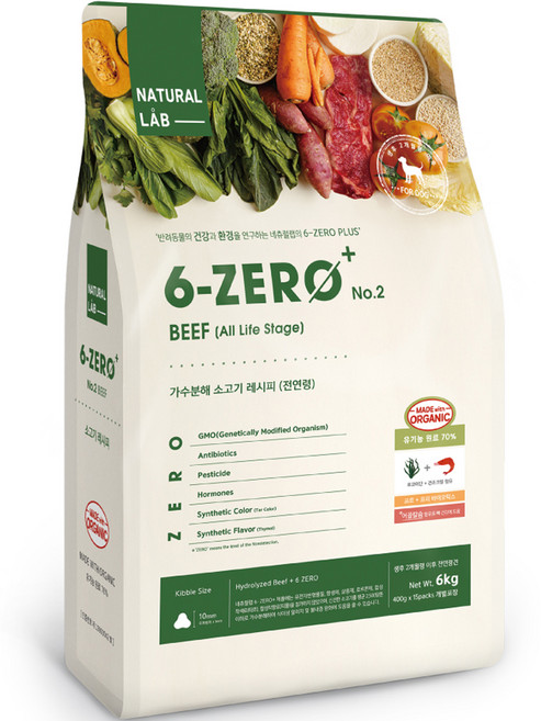 네츄럴랩 전연령 강아지 6 ZERO PLUS 2 유기농 건식사료, 소, 6kg, 1개