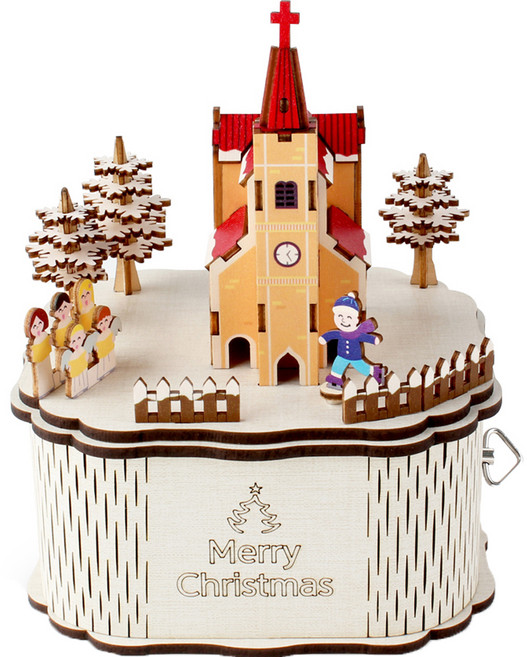 영공방 DIY 회전우드 오르골 Merry Christmas 교회 3D 입체퍼즐, 혼합색상