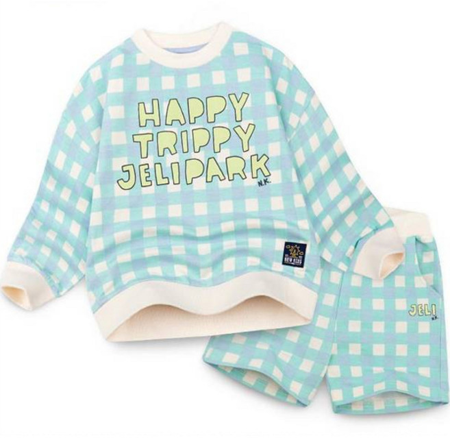 젤리스푼 아동용 해피트리피 체크 긴팔 상의 + 반바지 세트