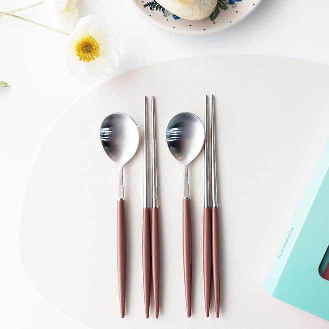 보겐 에펠 2인 커트러리 세트, 실버(헤드) + 초코(핸들), 한식숟가락 2p + 젓가락 2p