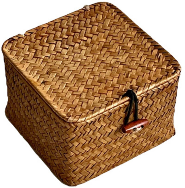 댓츠댓 웨빙 뚜껑형 정사각 라탄 수납 바구니, 브라운, 1개