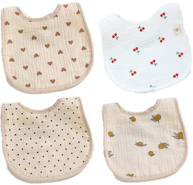 LuxuryBaby 兒童6層紗棉圍兜, 愛心+櫻桃+圓點+檸檬, 1組, 1組