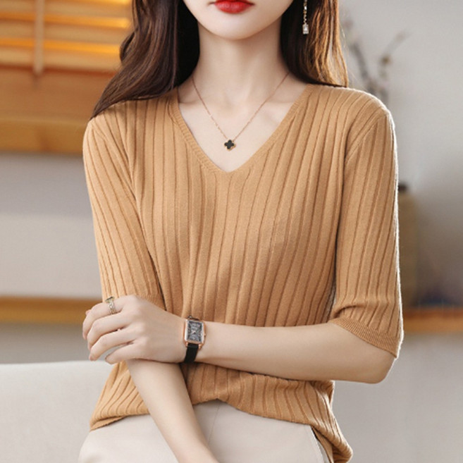 Alode La Belle 女款V領羅紋短袖針織衫
