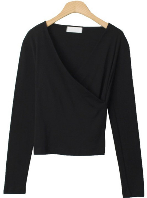 시크블랙 여성용 후비닌 랩 슬림핏 긴팔 티셔츠 cpt11873k31