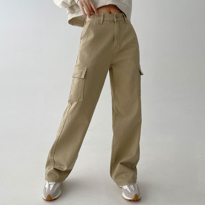 플랜데이 여성용 숏/미디움/롱 Y2K 지퍼 카고 포켓 와이드 코튼 팬츠