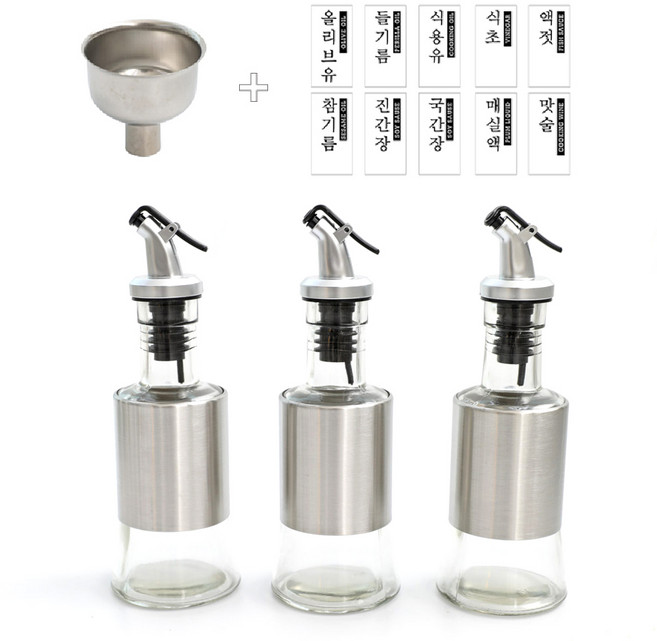 앳홈 세리에 스텐 원터치 오일병 200ml 3p + 라벨지 + 깔대기 세트, 1세트