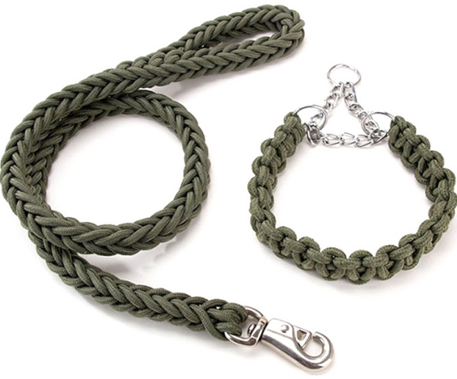 DD생활공방 대형견전용 튼튼한 목줄 L + 리드줄 1.2m 세트, 카키, 1세트