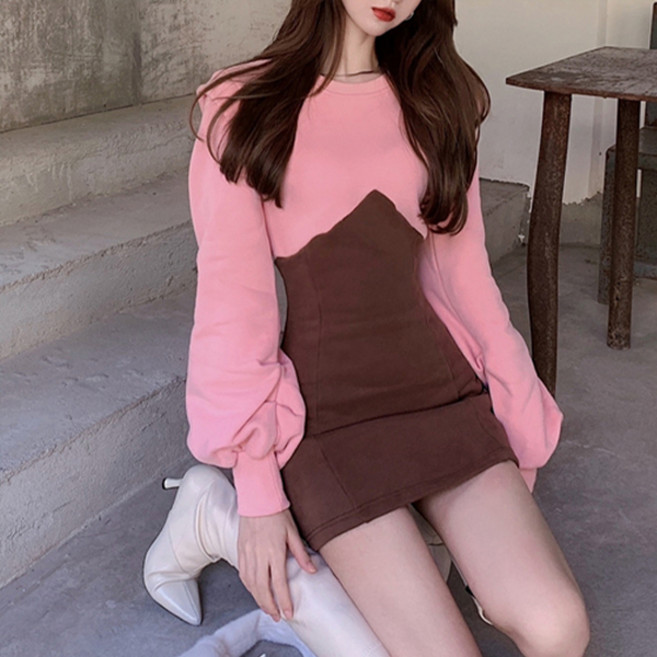 메이첼 배색 투톤 맨투맨 셔링 미니 원피스 01967