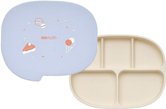 모윰 유아용 실리콘 초강력 5구 흡착식판 + 간식 접시 겸용 뚜껑 세트, 디저트, 식판 + 뚜껑, 1세트