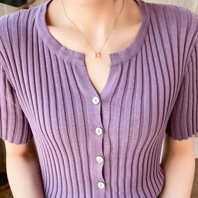 솔레일 여성용 슬릿넥 버튼 반팔 골지 니트