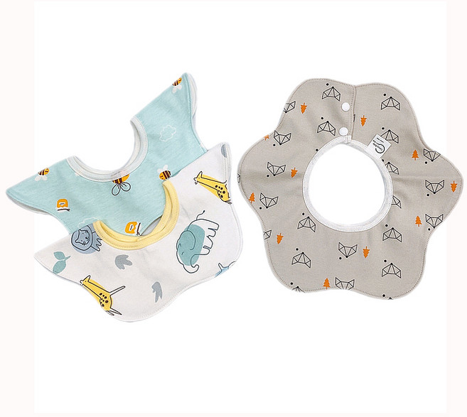 LuxuryBaby 幼兒用花瓣形狀防水圍兜 3入組, 蜜蜂款+動物園款+狐狸款, 1組