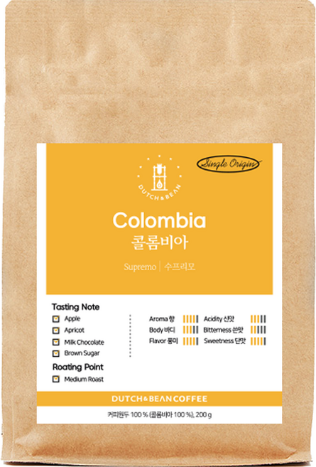 더치앤빈 콜롬비아 안티오키아 수프리모 로스팅 원두커피, 200g, 1개, 홀빈(분쇄안함)