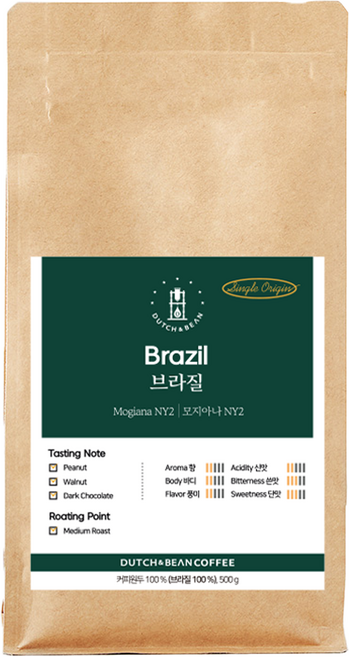 더치앤빈 브라질 모지아나 로스팅 원두커피, 500g, 홀빈(분쇄안함), 1개
