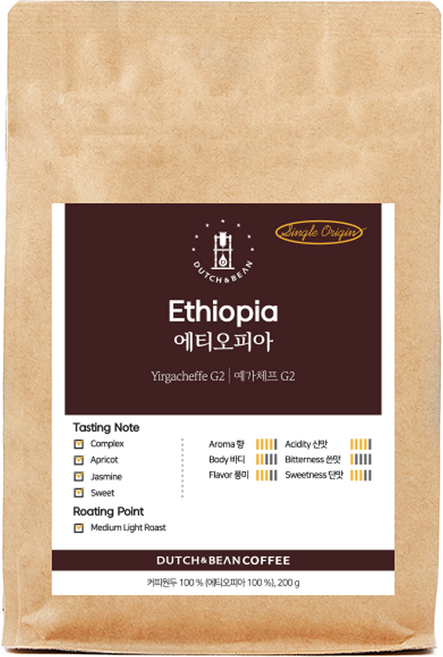 더치앤빈 에티오피아 예가체프 로스팅 원두커피, 200g, 핸드드립, 1개