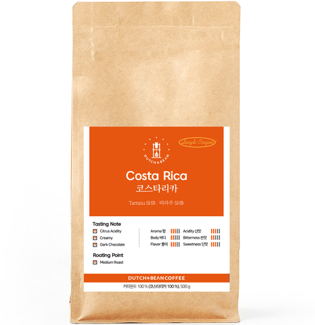 더치앤빈 코스타리카 따라주 로스팅 원두커피, 500g, 1개, 홀빈(분쇄안함)