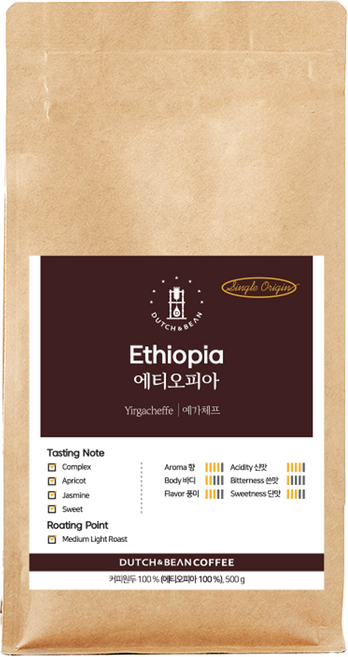 더치앤빈 에티오피아 예가체프 로스팅 원두커피, 500g, 홀빈(분쇄안함), 1개