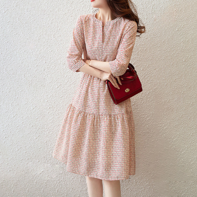 Paperments 優雅的V領小圓點7分袖連身裙 04008, 紅色
