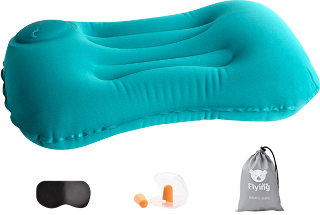 위즈앤위즈 캠핑 여행 휴대용 배게 + 수면안대 + 귀마개 + 수납가방 세트, 피콕그린, 1세트