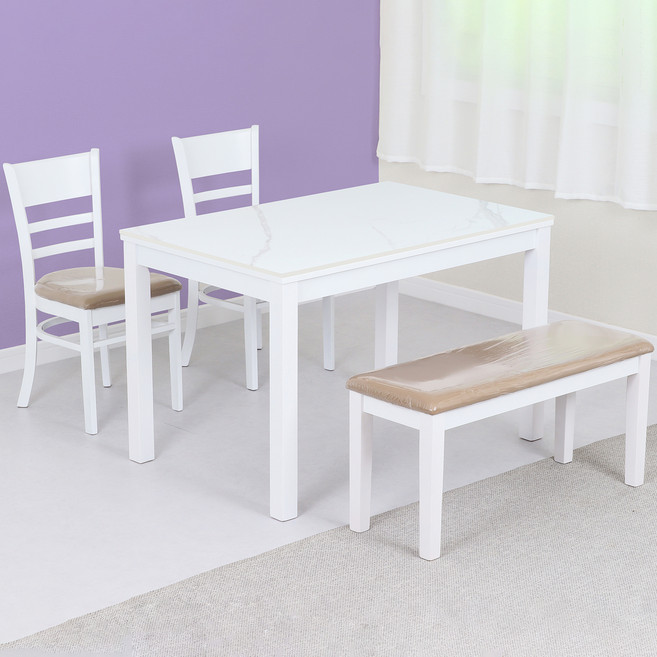 도리퍼니처 캐빈 세라믹 원목 프레임 식탁세트 4인용 방문설치, 화이트, 일반 2 + 벤치 1