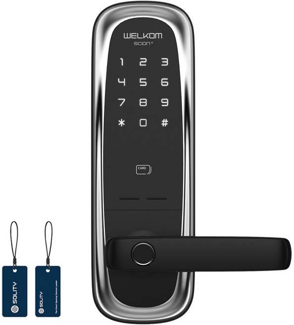 솔리티 무타공 지문인식 디지털 손잡이 있음 도어락 WM-650B PLUS + 고리형 카드키 2종 세트, 고객직접설치