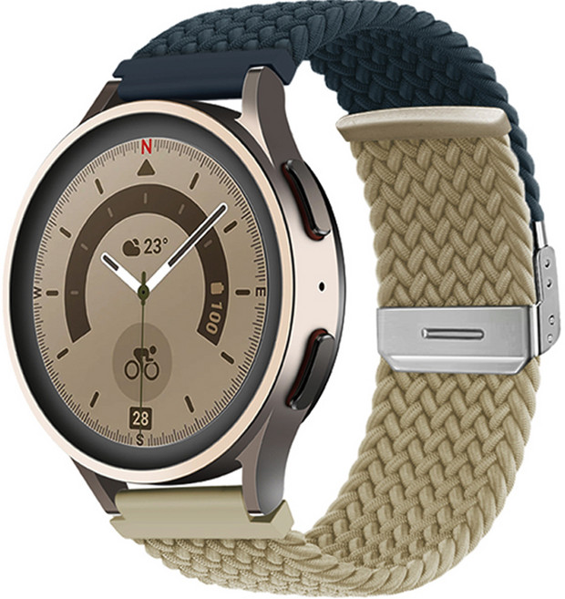 HAMATE Galaxy Watch相容 雙色扣式編織環形錶帶 20mm, 深藍米色