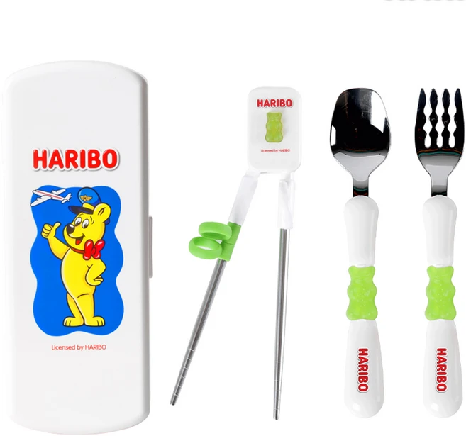 하리보 유아용 커틀러리 숟가락 + 포크 + 젓가락 + 케이스 세트, 그린, 스푼 + 포크 + 젓가락 + 케이스, 1세트 - 쿠팡
