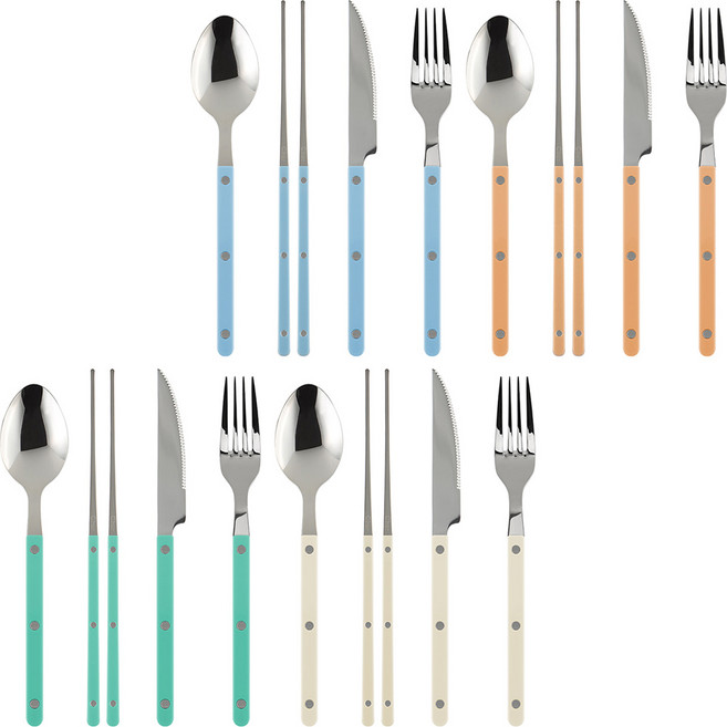 메종오브제 시에르 파르베 4인 포크 나이프 수저세트, 아이보리, 파스텔그린, 누드핑크, 파스텔블루, 숟가락 4p + 젓가락 4p + 디너포크 4p + 디너나이프 4p, 1세트