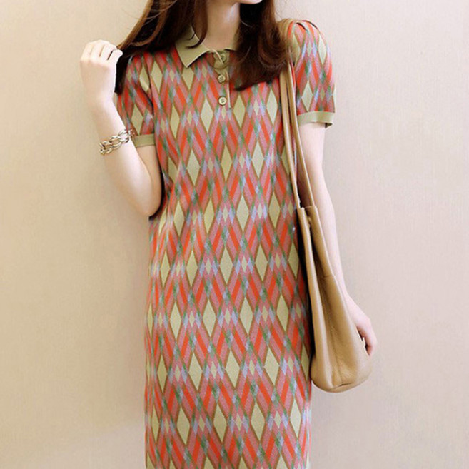 Paperments 翻領VIVISIRIL菱格紋針織連身裙 04124, 菱格