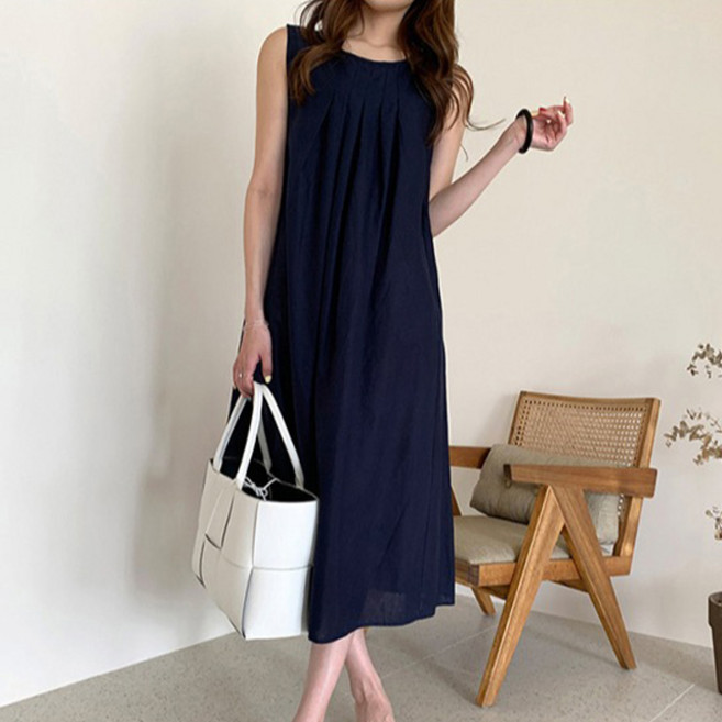 Paperments 無袖皺褶棉麻透氣連身裙 04250, 海軍藍