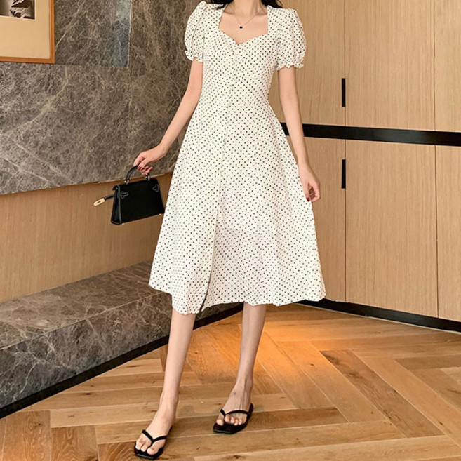 페이퍼먼츠 여름 스퀘어넥 도트 퍼프 소매 미디 원피스 04285