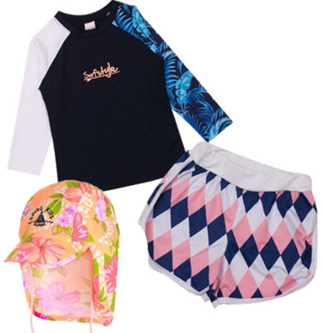 고잉키즈 아동용 플라워 래쉬가드상의 + 반바지 + 모자 세트