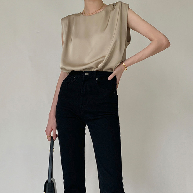 ViVEMO 春夏圓領肩部抓皺無袖罩衫 03179